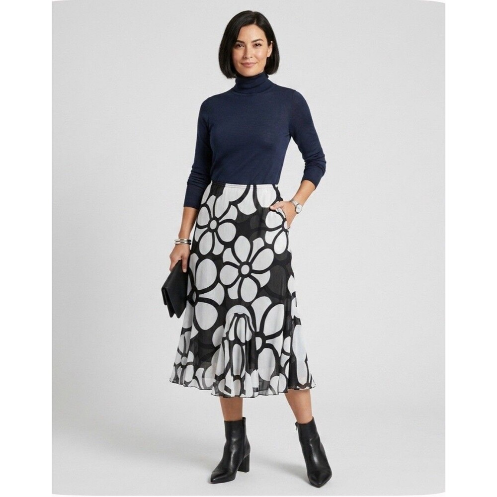 NWT Multiples Black White Floral Flutter Ruffle Midi Skirt Women’s Size Medium
